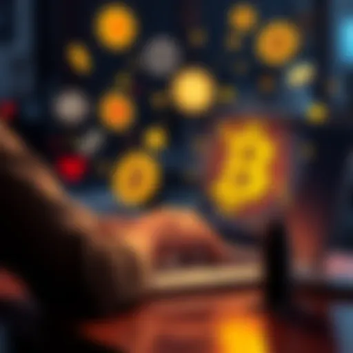 A person using a laptop to purchase Bitcoin while keeping their identity private, surrounded by symbols of finance and privacy.