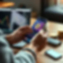 A person using a smartphone to buy cryptocurrency on a payment app with a laptop and cold wallet nearby