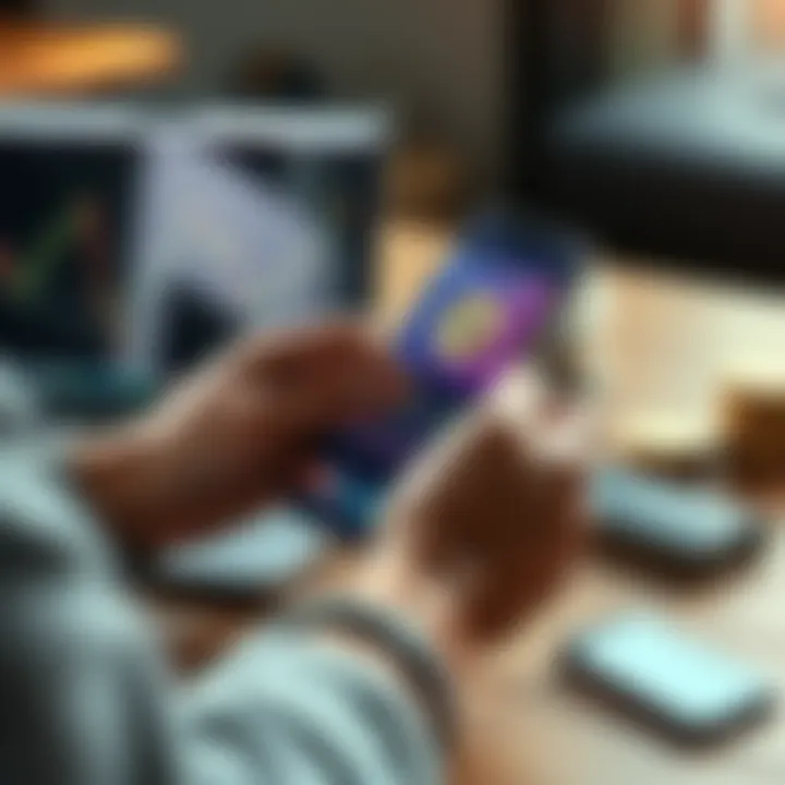 A person using a smartphone to buy cryptocurrency on a payment app with a laptop and cold wallet nearby