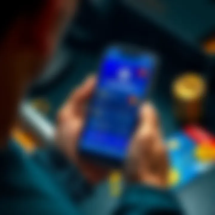 A person holding a smartphone displaying cryptocurrency wallet interface, with credit cards and prepaid cards around