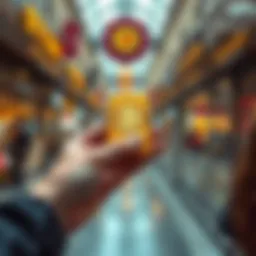 A person holding a gold bar and a Bitcoin symbol, with shops in the background