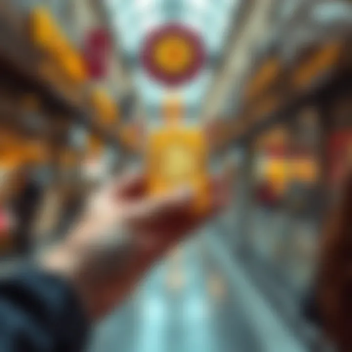 A person holding a gold bar and a Bitcoin symbol, with shops in the background