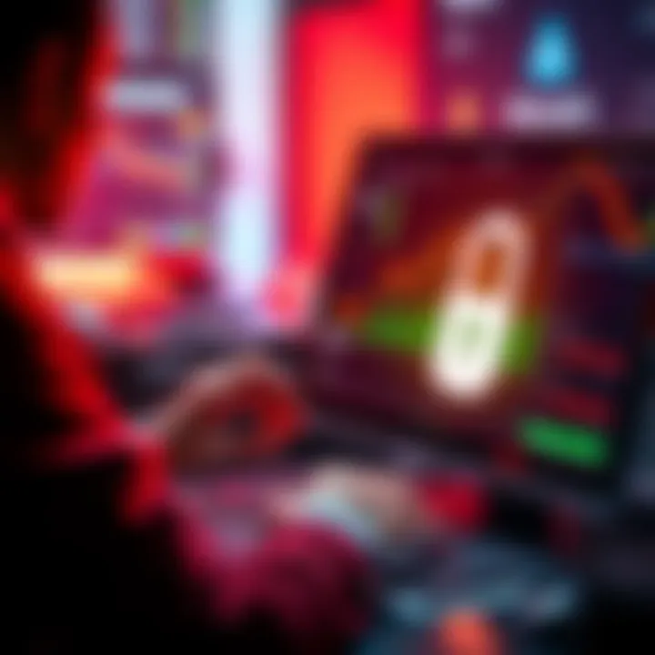 A person using a computer to buy Monero on a cryptocurrency exchange, with privacy concerns illustrated by a lock symbol.