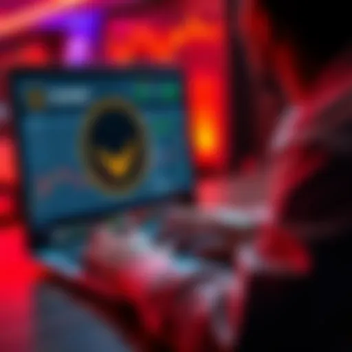 A person using a laptop to purchase Monero cryptocurrency without KYC verification. Screen shows a crypto exchange interface.