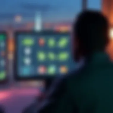 A person looking at a computer screen with multiple land parcels displayed for purchase