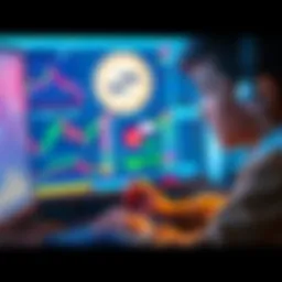 A young person looking at a computer screen with cryptocurrency charts and Solana logo, representing methods to buy Solana without KYC in the US
