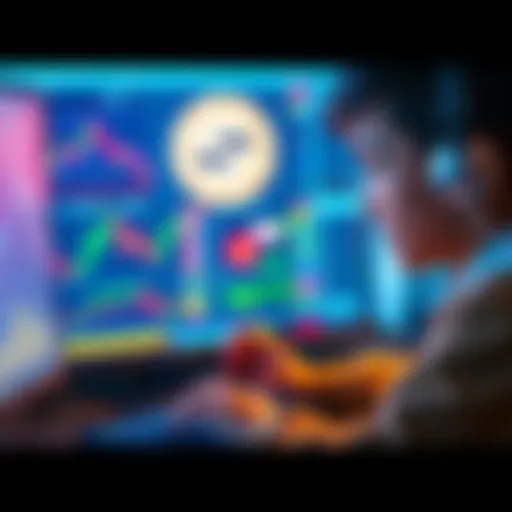 A young person looking at a computer screen with cryptocurrency charts and Solana logo, representing methods to buy Solana without KYC in the US