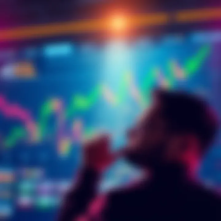 A person contemplating the purchase of Sorare players, with charts showing fluctuating prices in the background.