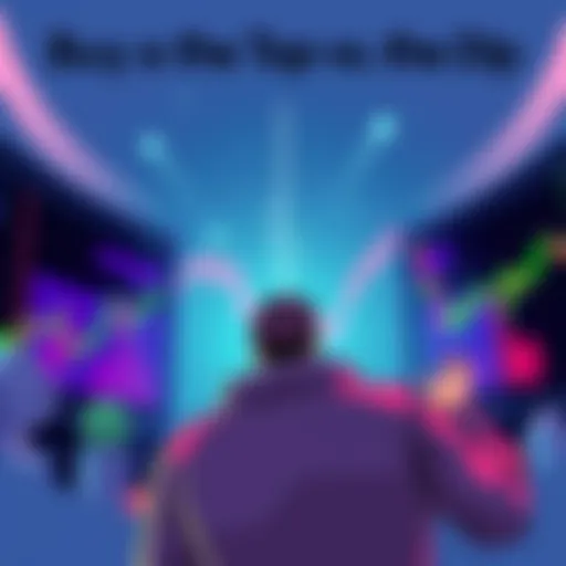 An illustration showing a person considering buying stocks at a high price versus a low price, with charts in the background.