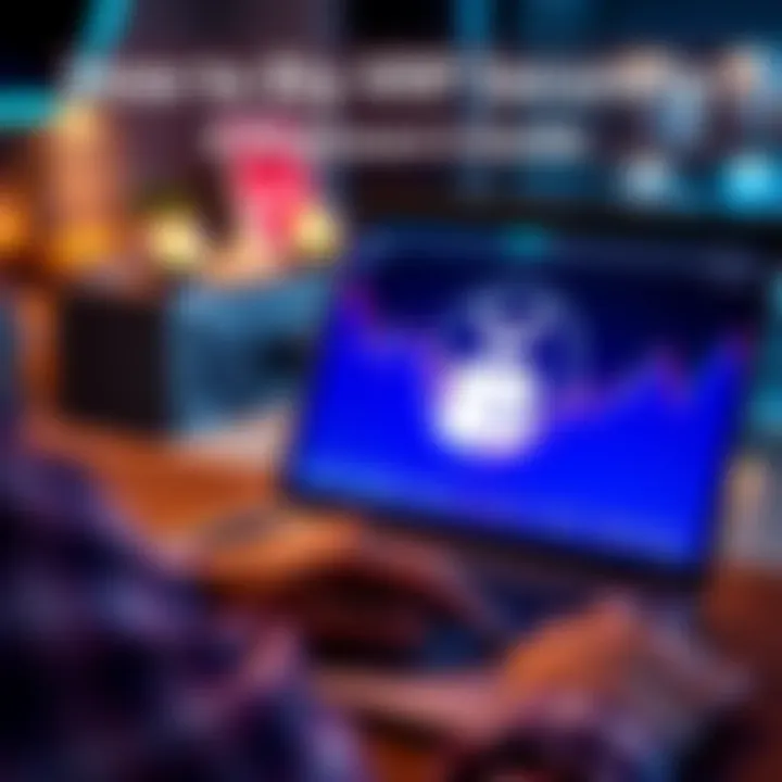 A person using a laptop to buy XRP cryptocurrency on an exchange platform, with a secure wallet icon displayed on the screen.