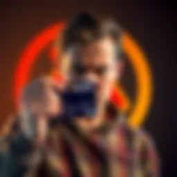 A frustrated user holding a Bybit EU Card with a background showing a warning symbol, representing a ban on cashback points.