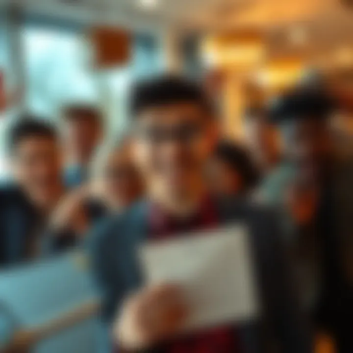 Byron smiles with excitement holding a new job offer letter, surrounded by friends cheering him on.