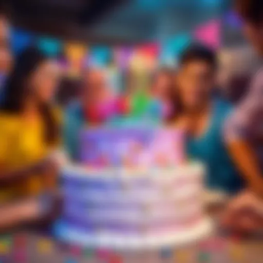 A colorful cake surrounded by friends celebrating Cake Day with joy and laughter.