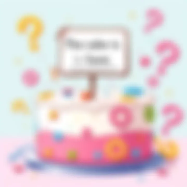 A colorful cake with a blank sign on top where the phrase 'The cake is ___' is written, inviting people to fill in the blanks. The background includes playful decorations and question marks, highlight...