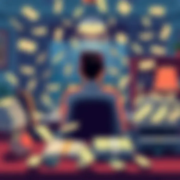 Illustration of a person behind a desk surrounded by praise letters and money, symbolizing the scandal of buying reviews