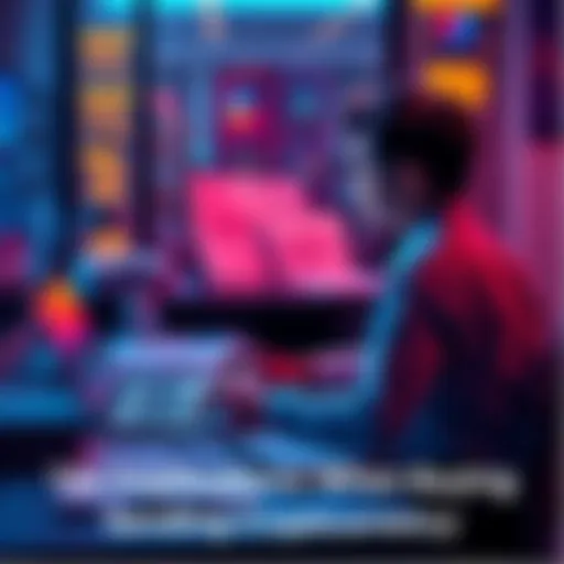 A person sitting at a desk, calculating taxes related to cryptocurrency transactions with a laptop and paperwork around them.