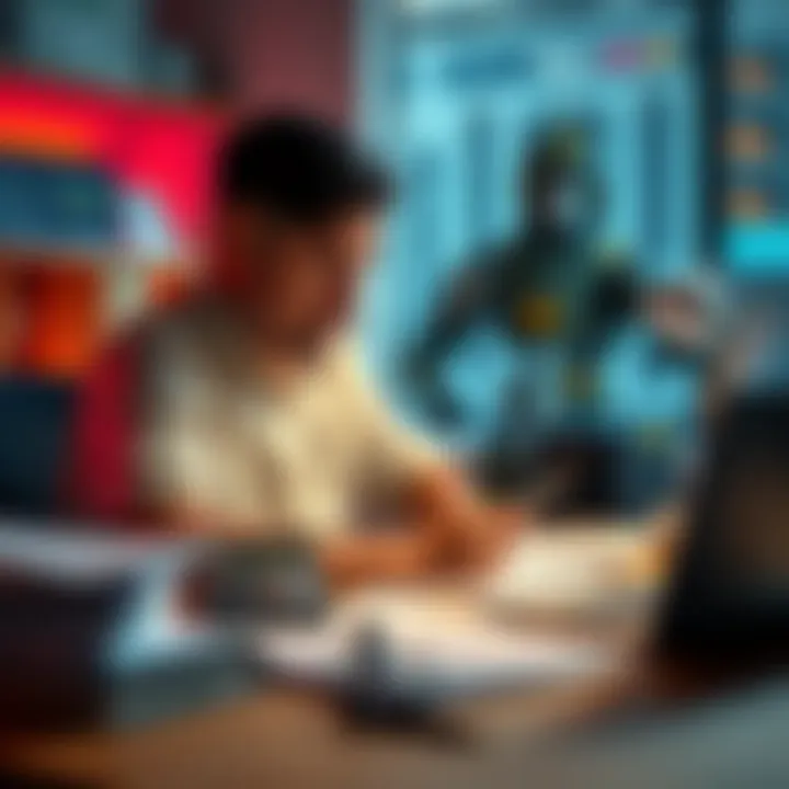 A person sitting at a desk calculating monthly earnings with a calculator, papers, and a laptop.