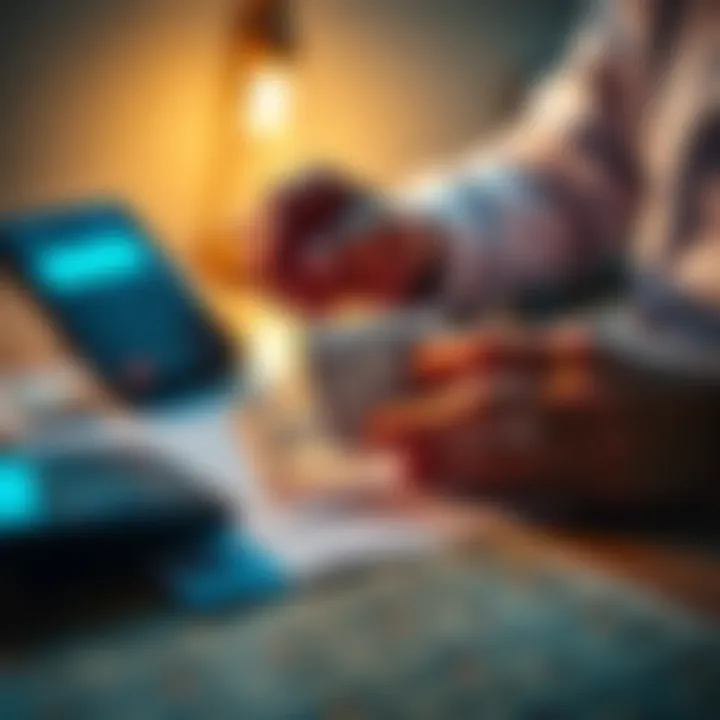 Person examining rent papers with a calculator and a £5 note on the table