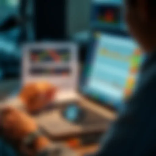 A person analyzing financial reports and spreadsheets on a laptop, focusing on trading losses and profit calculations.