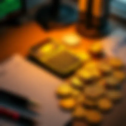 A calculator sits on a desk surrounded by memecoins and a notepad, symbolizing cryptocurrency tax preparation.