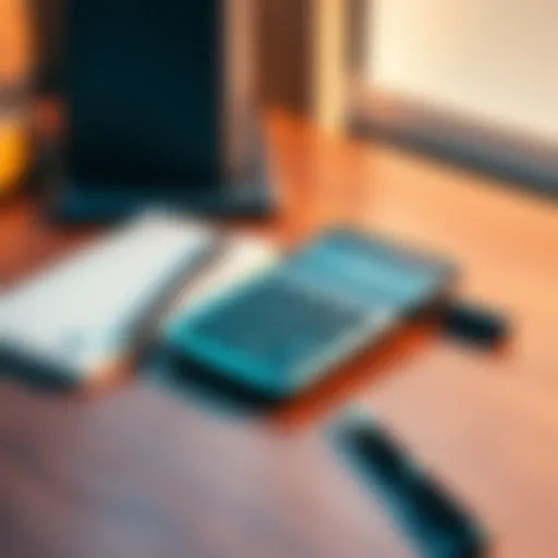 A digital calculator placed on a wooden desk with a notepad and pen nearby, symbolizing productivity and efficiency.