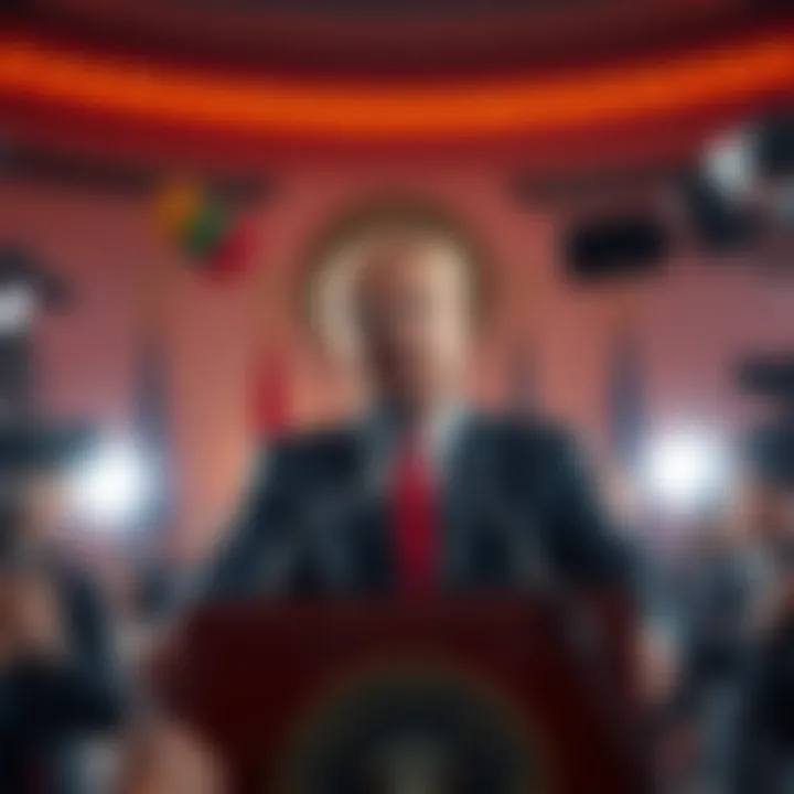 A high-profile figure speaking passionately at a podium, demanding legal action against an individual, surrounded by cameras and reporters.