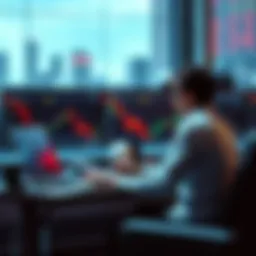 A person sitting calmly at a desk with a laptop and stock charts displayed, reflecting a sense of tranquility despite market fluctuations.