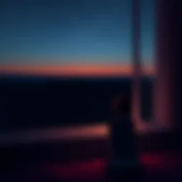 A peaceful evening scene with a person sitting quietly by a window, gazing at the night sky filled with stars, symbolizing calm and reflection.