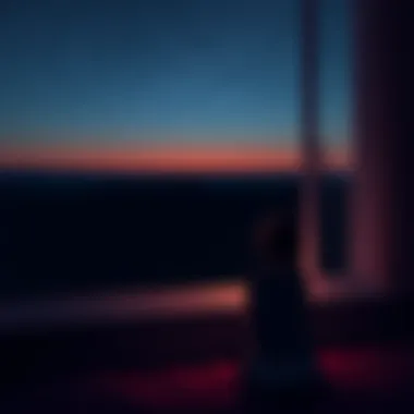 A peaceful evening scene with a person sitting quietly by a window, gazing at the night sky filled with stars, symbolizing calm and reflection.