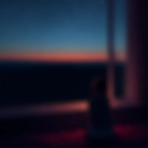 A peaceful evening scene with a person sitting quietly by a window, gazing at the night sky filled with stars, symbolizing calm and reflection.