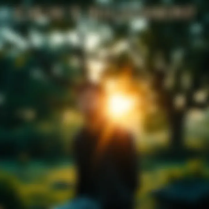 A peaceful scene with a person taking a deep breath in a serene outdoor setting, surrounded by nature and sunlight, symbolizing relaxation and calmness.