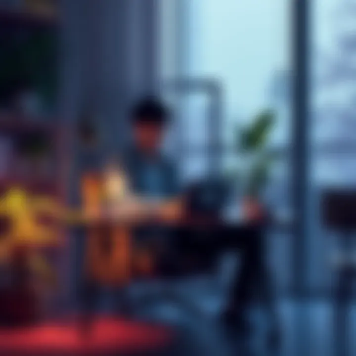 A person sitting peacefully at a desk, reading about Bitcoin and cryptocurrency with a laptop, surrounded by plants and a cup of coffee, symbolizing a relaxed approach to learning about digital currencies.