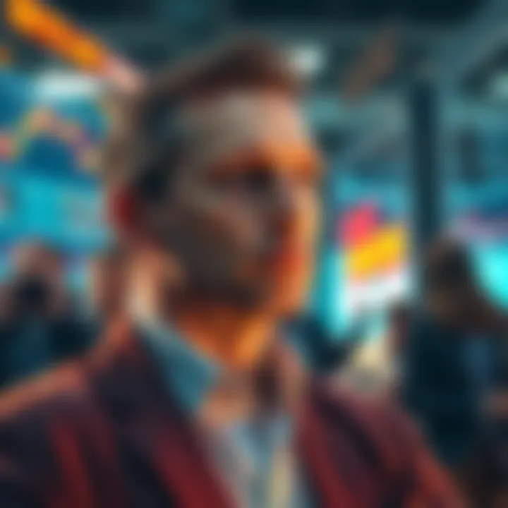 A calm investor observing cryptocurrency market trends, focused and steady, while others panic in the background.