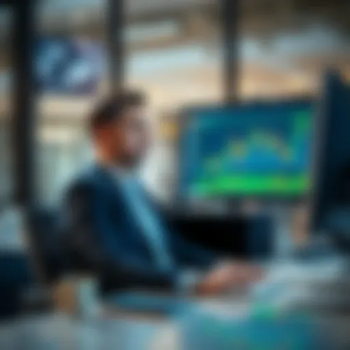 An investor sitting at a desk, looking at financial charts and graphs on a computer screen, showing a calm demeanor while analyzing market trends during a downturn