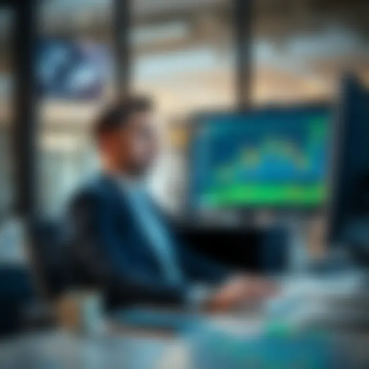 Calm Investor Analyzing Market Trends An investor sitting at a desk, looking at financial charts and graphs on a computer screen, showing a calm demeanor while analyzing market trends during a downturn
