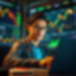 A calm investor with a thoughtful expression reviewing stock market data on a laptop, surrounded by financial charts and graphs.