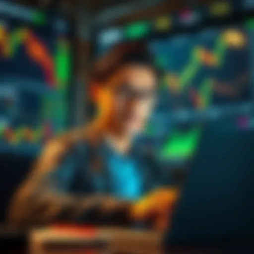 A calm investor with a thoughtful expression reviewing stock market data on a laptop, surrounded by financial charts and graphs.