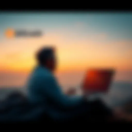A person sitting calmly with a laptop displaying a Bitcoin price chart, surrounded by a serene environment, illustrating emotional stability during market swings.