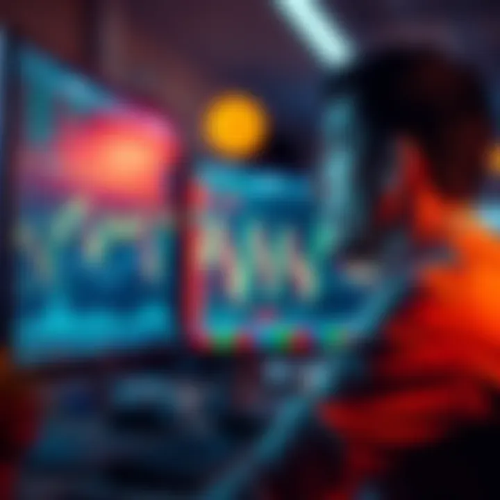 A calm individual looking at a computer screen with Bitcoin charts, focused and relaxed, symbolizing market awareness without stress.