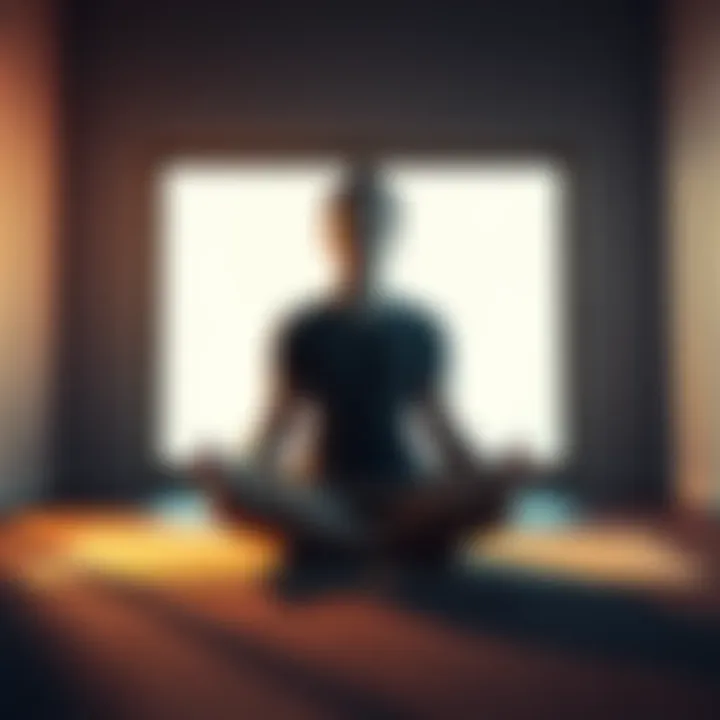 Calm person meditating A person sitting cross-legged on a mat, eyes closed, practicing meditation to stay calm during stress.