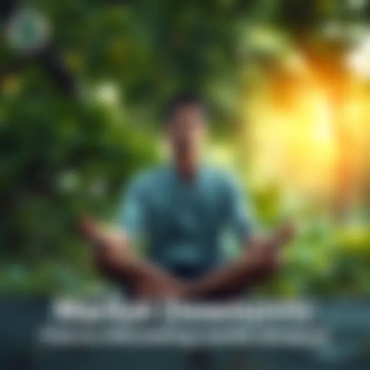 A person sitting cross-legged in a peaceful setting, closed eyes, with a calm expression, surrounded by greenery, symbolizing tranquility during market downturns.