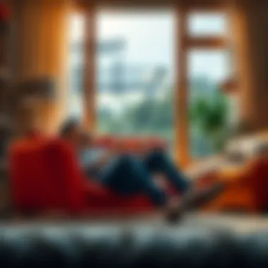A relaxed person sitting in a cozy living room, looking thoughtful about missed shopping opportunities, with a warm cup of tea in hand.