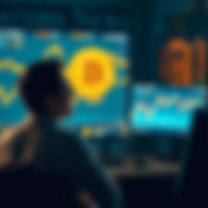 A person sitting calmly in front of a computer screen displaying fluctuating Bitcoin prices, symbolizing emotional control during market volatility.