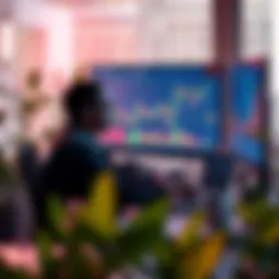 A trader focused on a simple chart showing steady gains, surrounded by calming elements like plants and soft colors, illustrating the concept of boring trades leading to profits.