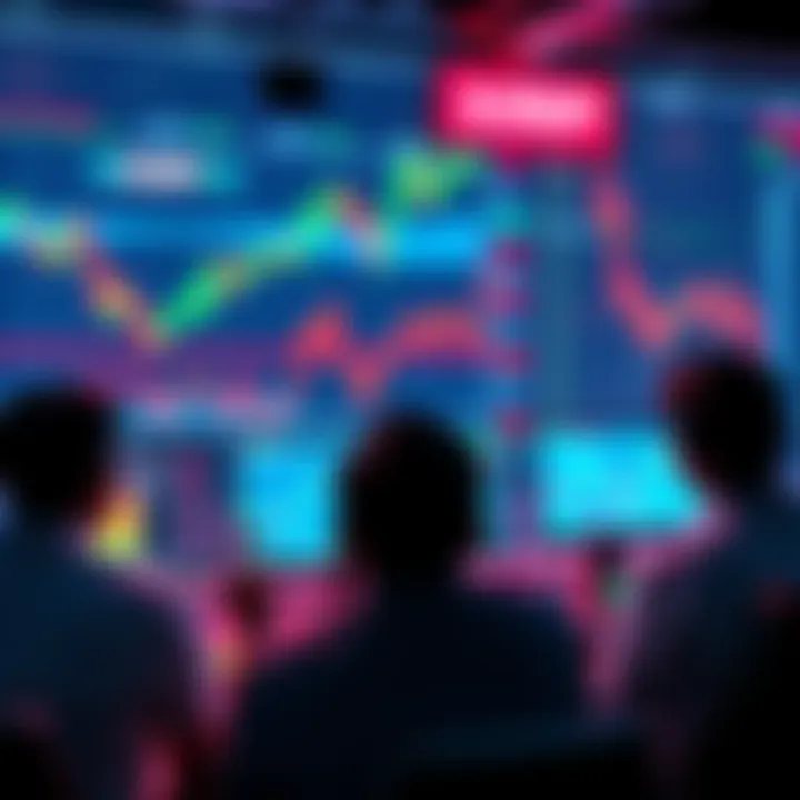 A visual representation of the calm XRP market, showing flat price charts and worried investors looking at their screens.