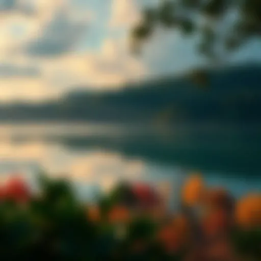 Calmness in a Chaotic World A serene landscape with a peaceful lake surrounded by trees, showing tranquility in a busy environment