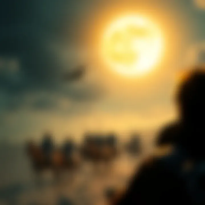 A group of people looking up at a bright moon with excitement as a symbol of new opportunities and adventure in the background.