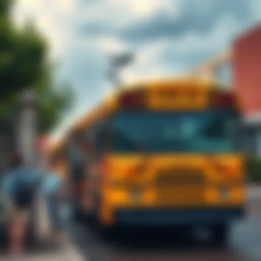 A camera-equipped school bus parked outside a school, with children boarding and a visible camera on the roof observing the area.