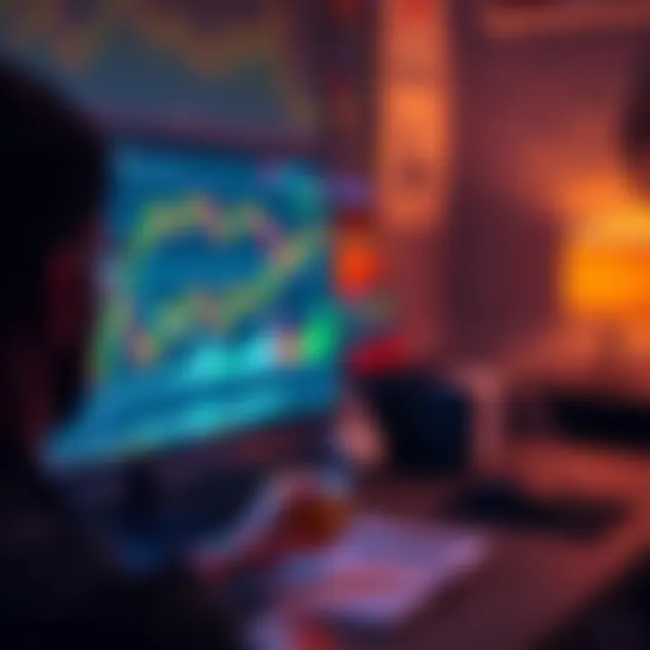 A person looking at a computer screen displaying Bitcoin trading graphs and charts, with notes and a coffee cup beside them.