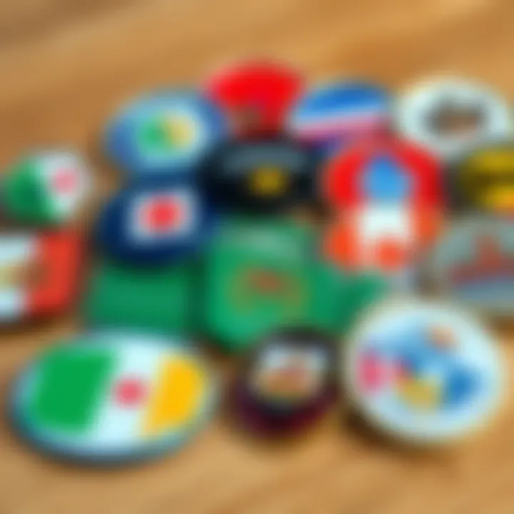 A collection of colorful badges representing different Canadian provinces, displayed together on a wooden table.